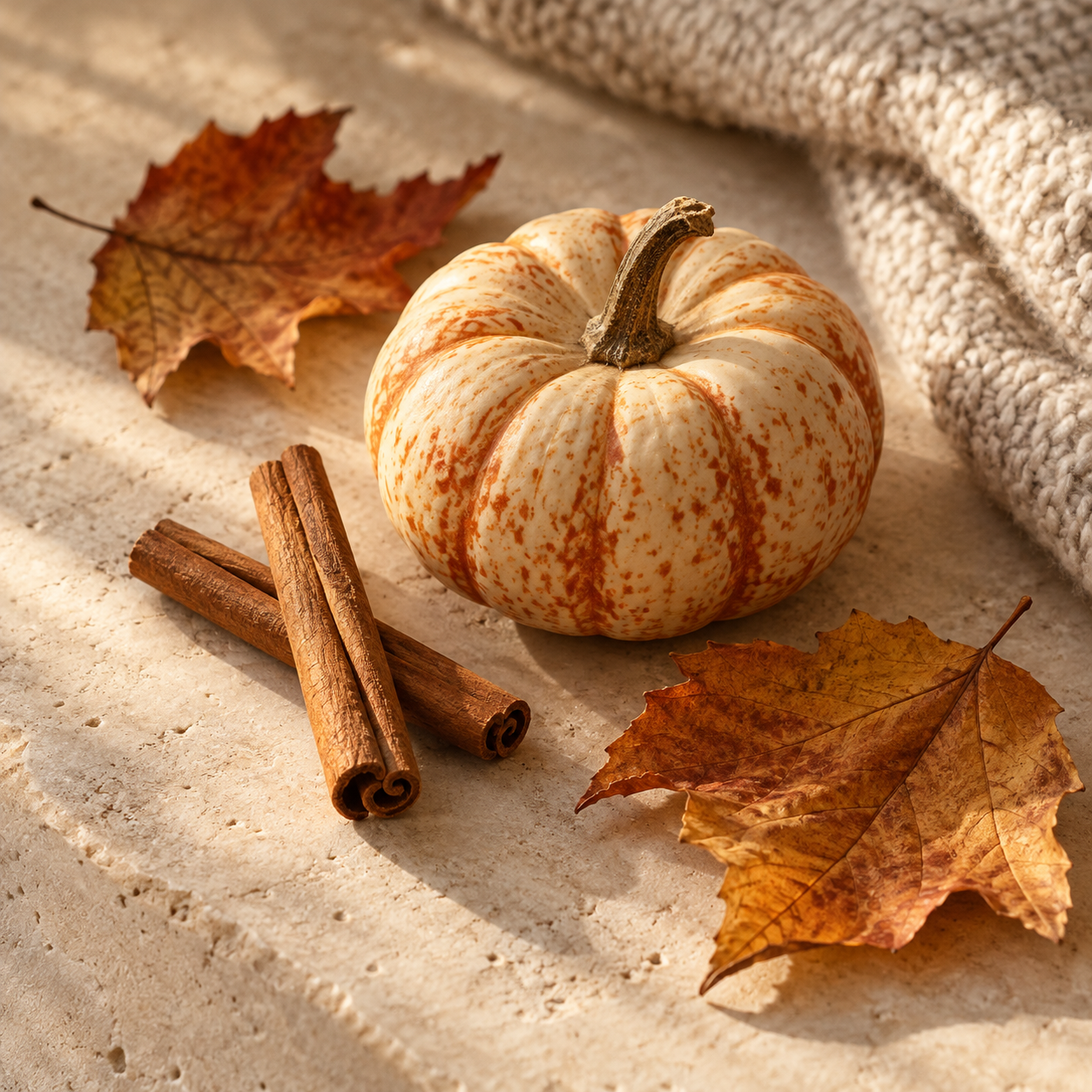 Small pumpkin with cinnamon, autumn leaves and knitwear for the Autumn fragrance collection at Smith & Kennedy Scents