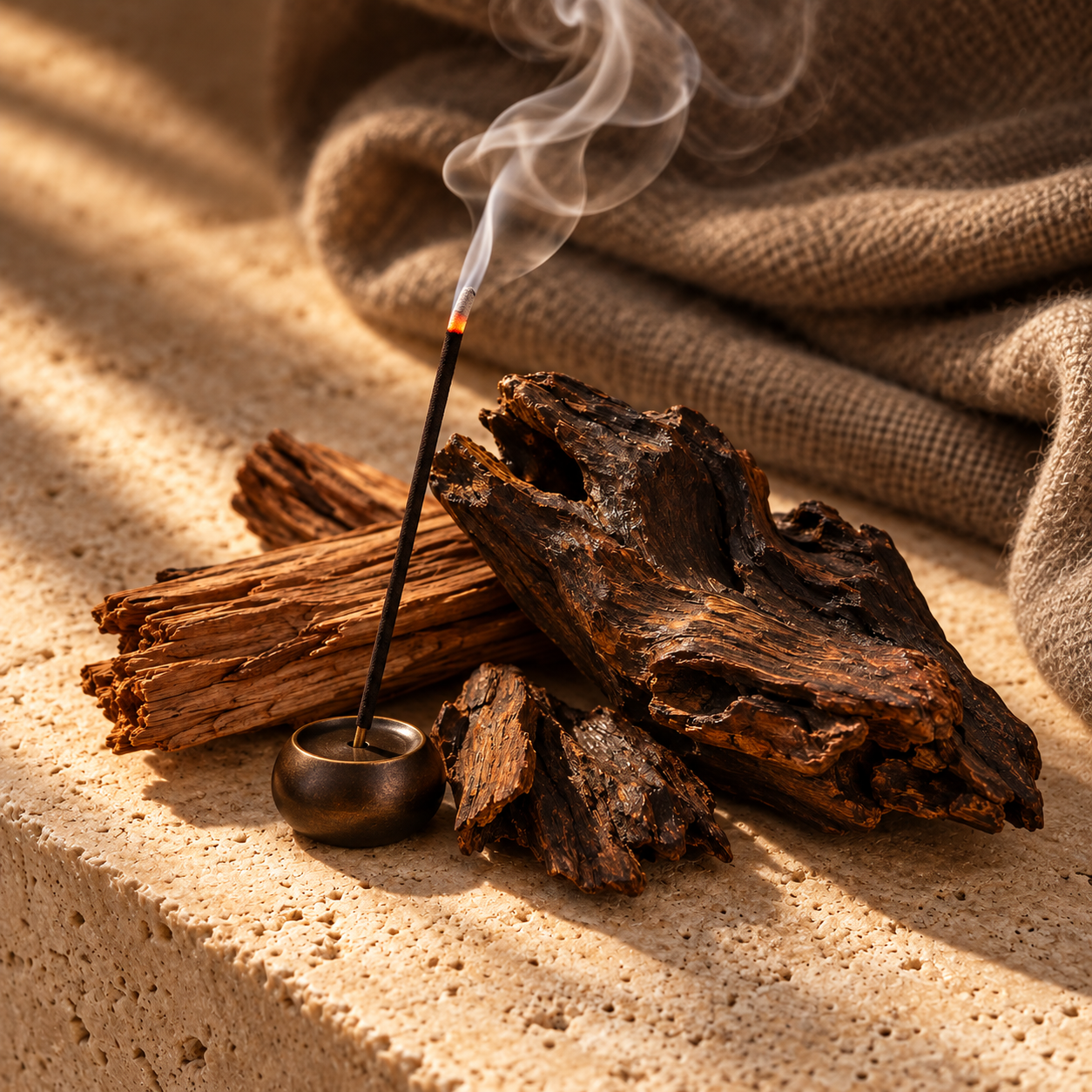 Smoking incense with rich oud and cedar woods for the Oud, Woods & Musk fragrance collection at Smith & Kennedy Scents