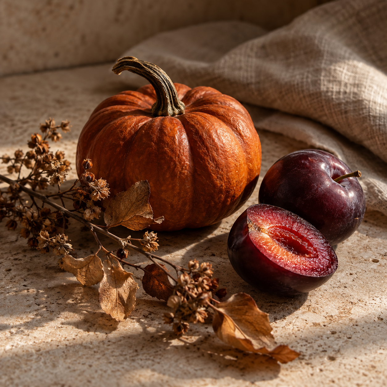 Dark orange pumpkin, plum and dried botanicals for the Halloween fragrance collection at Smith & Kennedy Scents