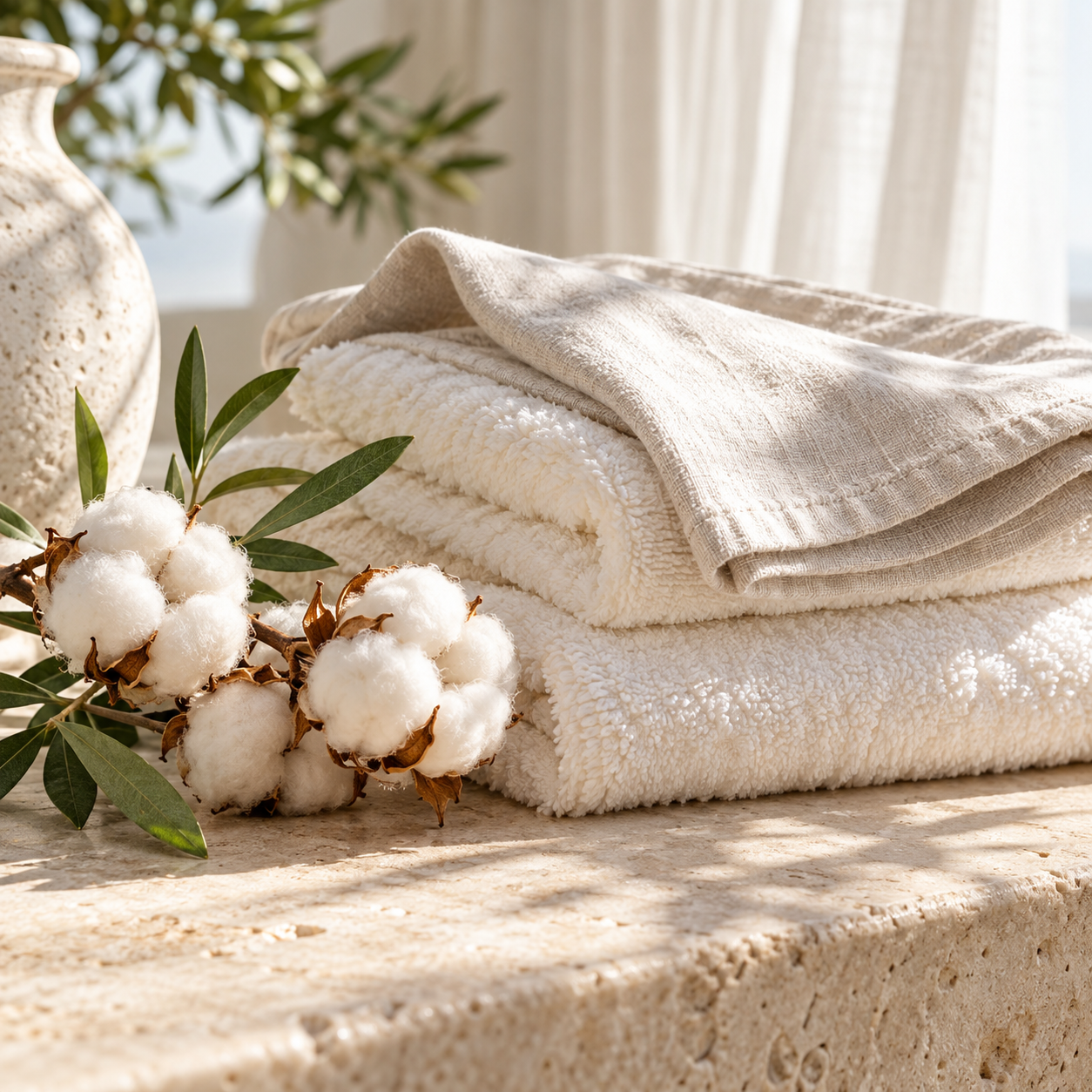 Folded cotton towels and linen with cotton flowers for the Laundry & Clean fragrance collection at Smith & Kennedy Scents