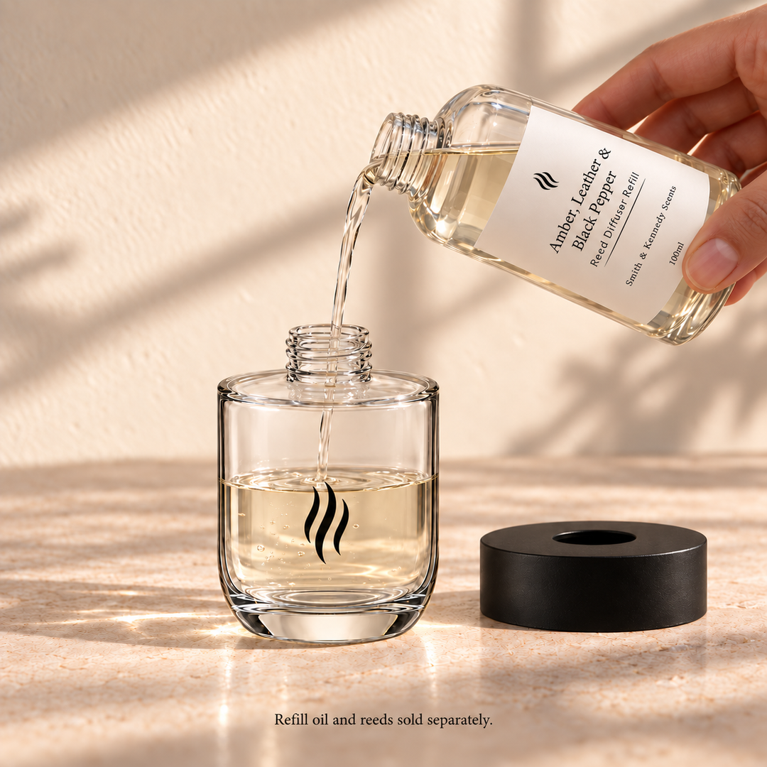 Pouring Amber Leather and Black Pepper refill into reusable glass, portrait label flame aligned to bottle, lid off; oil and reeds sold separately