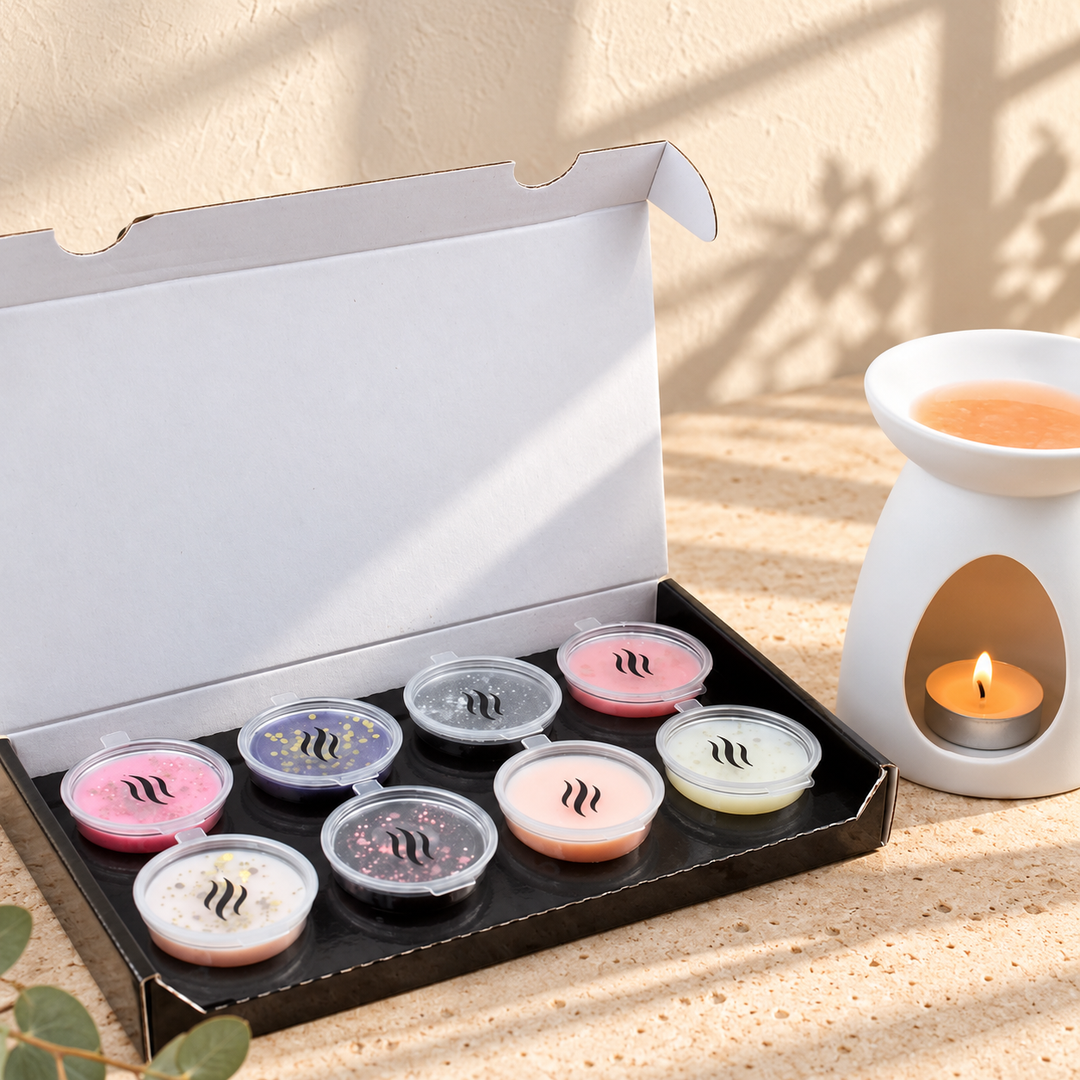 Open Smith & Kennedy Scents discovery box with eight assorted wax melt pods beside a white wax burner
