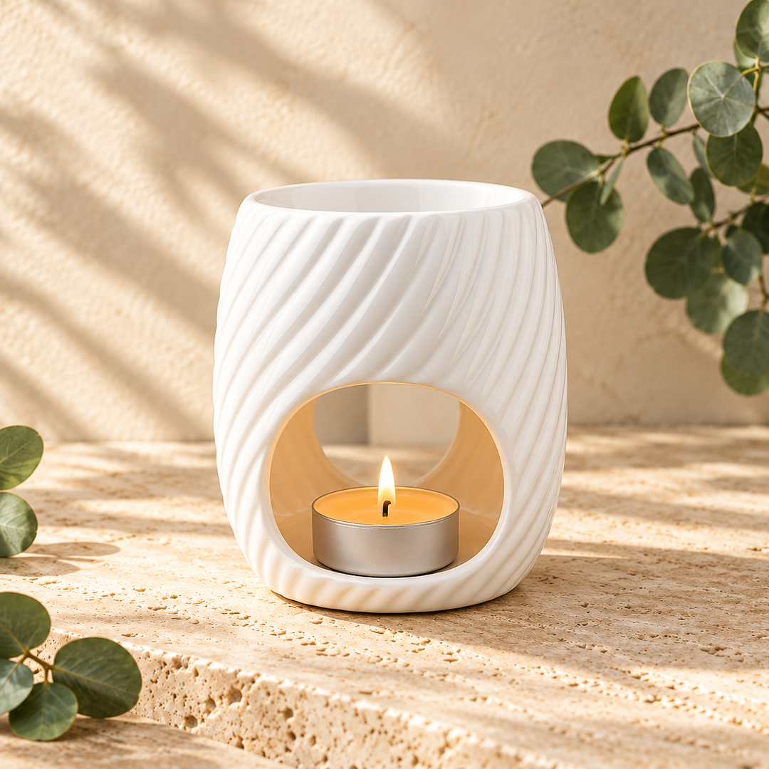 Tea Light Wax Melt Burner - White Wave, slightly angled view showing the burner shape