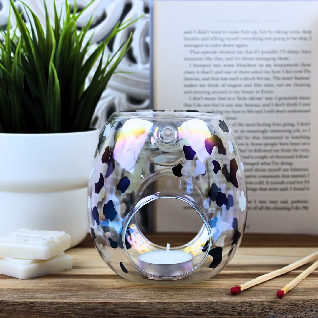 Glass Tea Light Wax Melt Burner With Black &amp; Silver Dalmatian&nbsp;Inspired Print