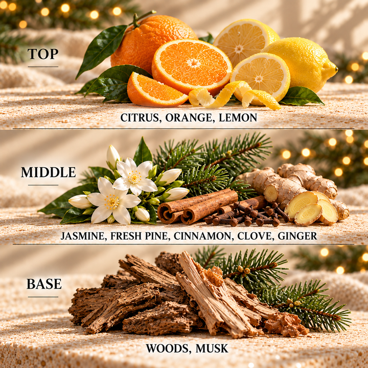 A Christmas Wish fragrance notes: top Citrus, Orange, Lemon; middle Jasmine, Fresh Pine, Cinnamon, Clove, Ginger; base Woods, Musk