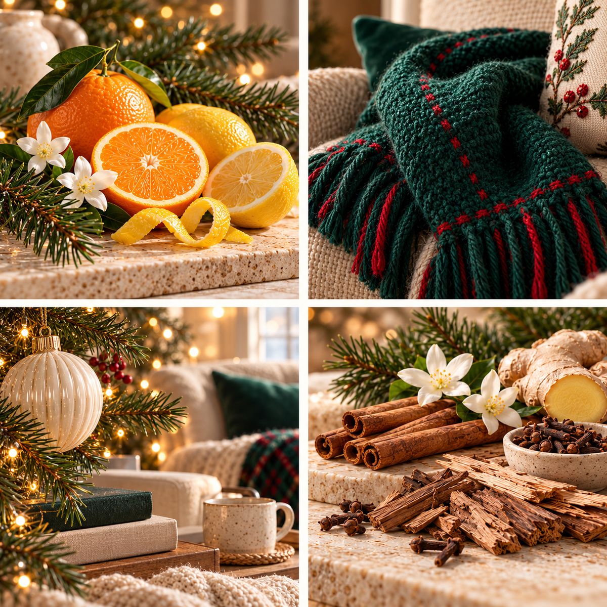 A Christmas Wish Christmas wax melt mood board with citrus, pine, emerald knitwear and a festive reading corner.