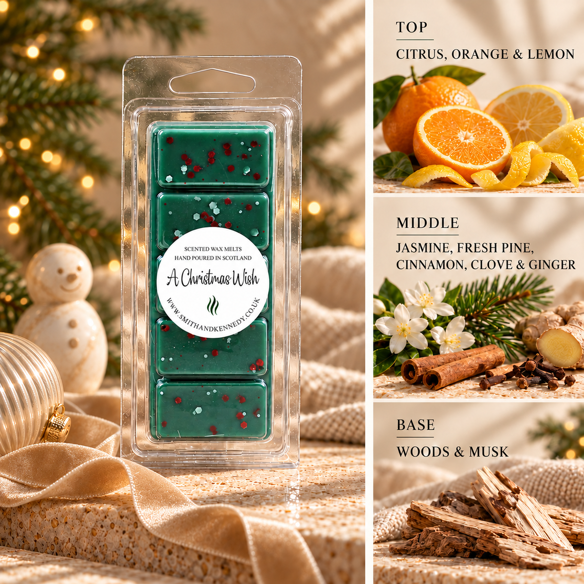 A Christmas Wish Christmas wax melt snap bar by Smith & Kennedy Scents with festive styling and fragrance notes