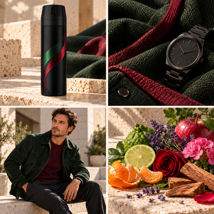 Africa aftershave inspired wax melt mood board with citrus, apple, lavender and woods, coordinated fabrics and men&