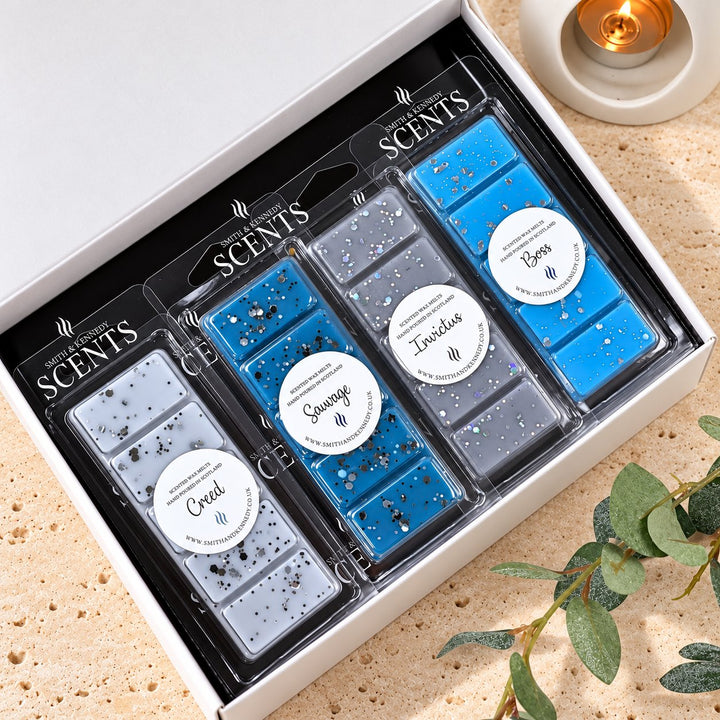 Aftershave Inspired Wax Melt Collection by Smith &amp; Kennedy Scents: Creed, Sauvage, Invictus and Boss snap bars in a white gift box.