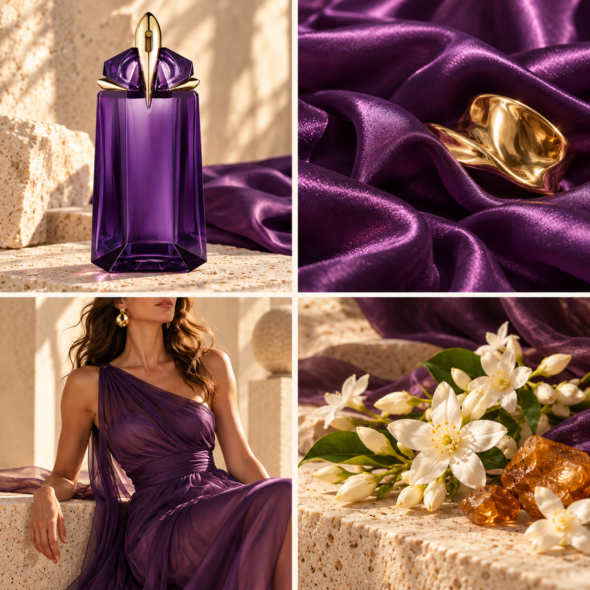 Four-panel mood board for Alien perfume-inspired wax melts: amethyst bottle, purple silk and gold, sculptural fashion and jasmine with amber.
