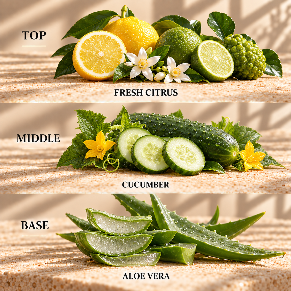 Top, middle and base scent notes for Aloe Vera & Cucumber spa inspired wax melt by Smith & Kennedy Scents