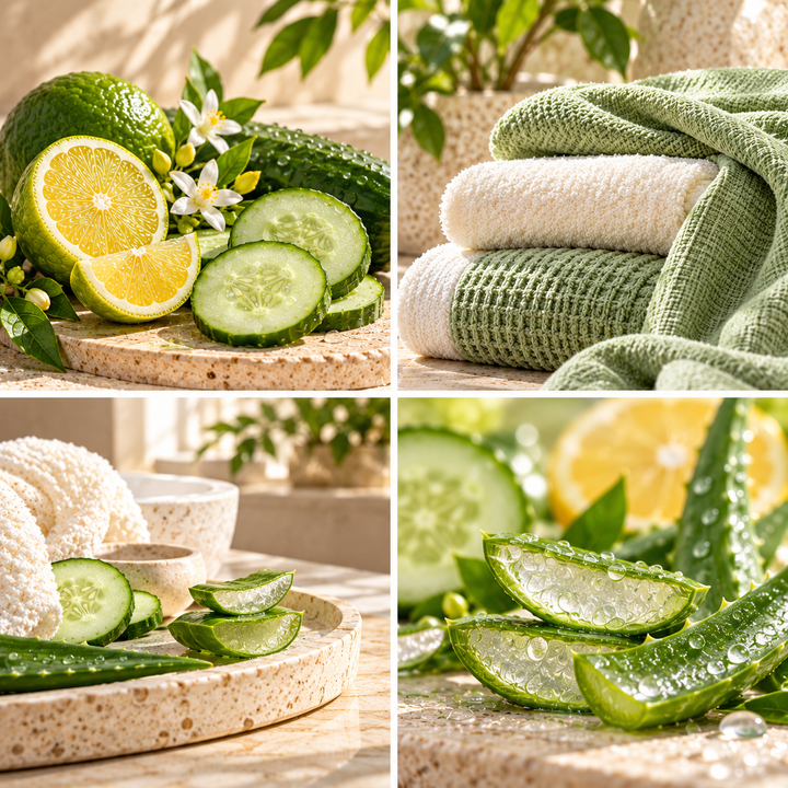 Aloe Vera &amp; Cucumber wax melt mood board with aloe vera, cucumber, pale green towels and fresh citrus.