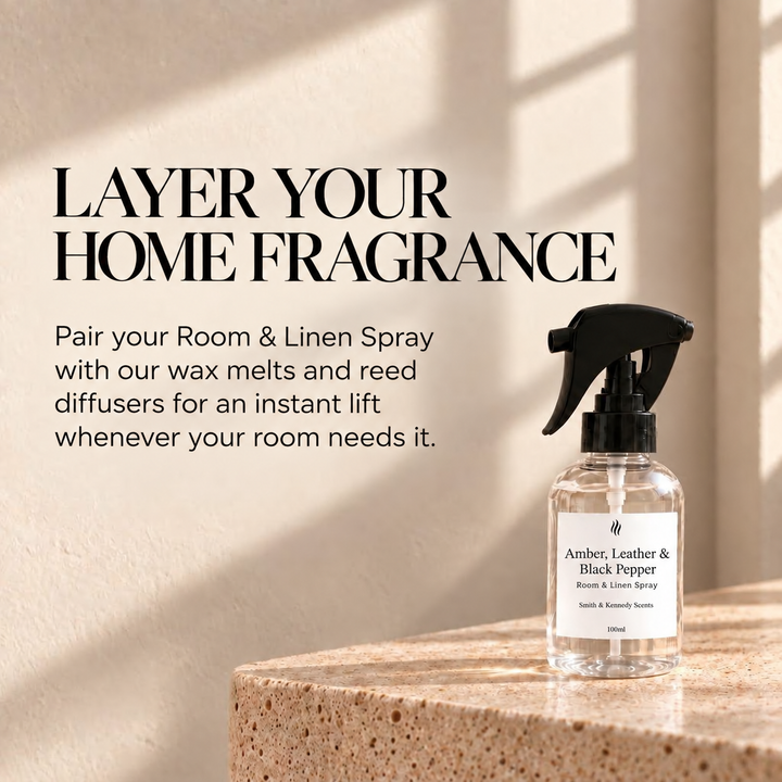 Layer your home fragrance with Amber, Leather &amp; Black Pepper Room &amp; Linen Spray, wax melts and reed diffusers