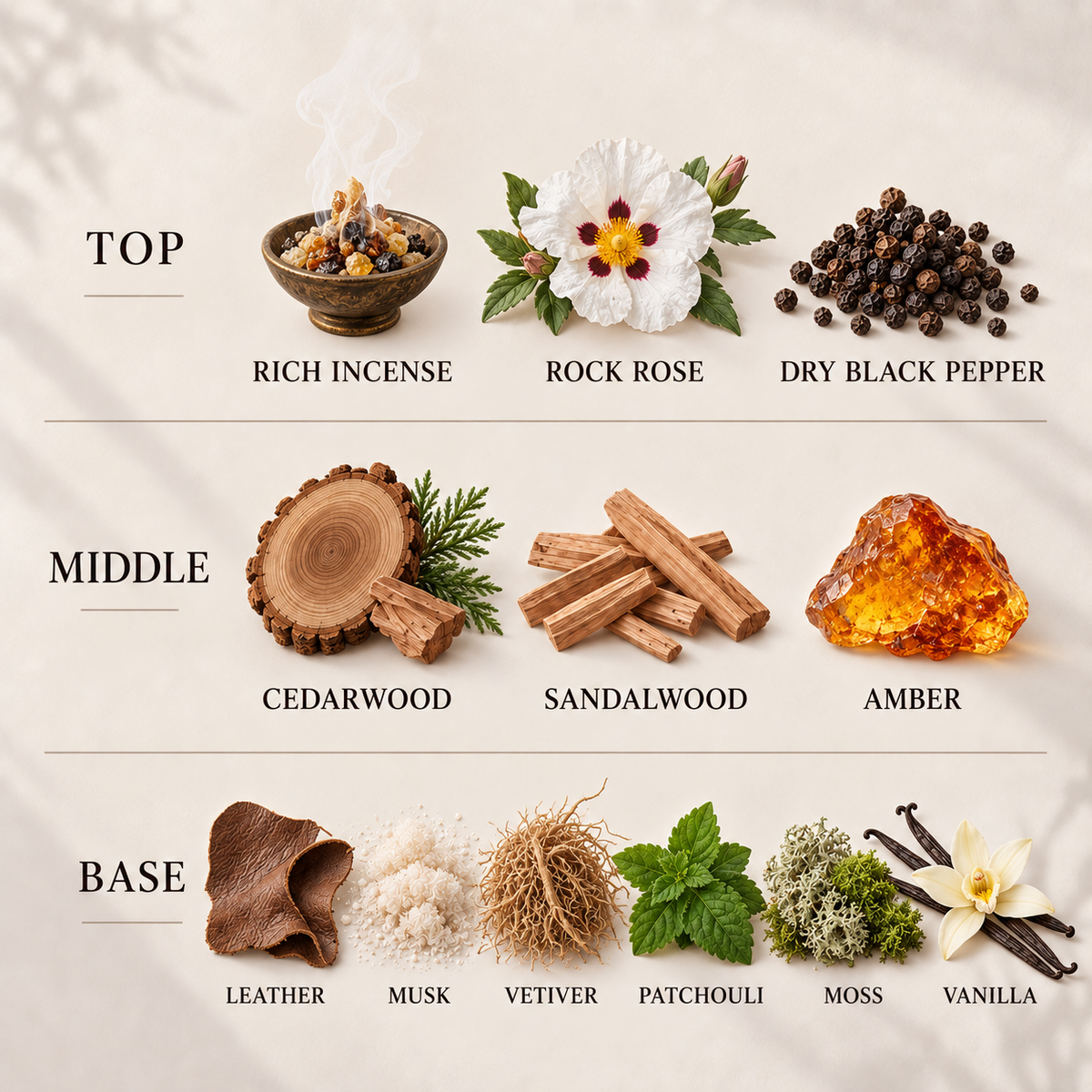 Amber, Leather & Black Pepper Room & Linen Spray fragrance notes: top, middle and base