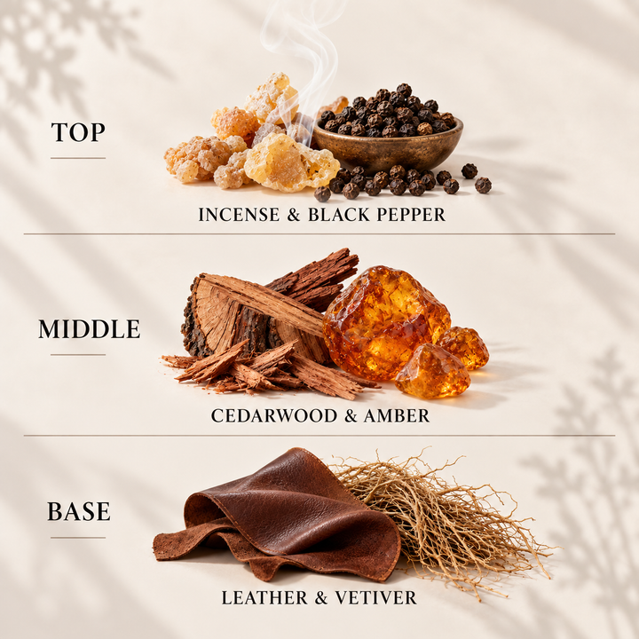Amber, Leather &amp; Black Pepper reed diffuser refill top, middle and base fragrance notes
