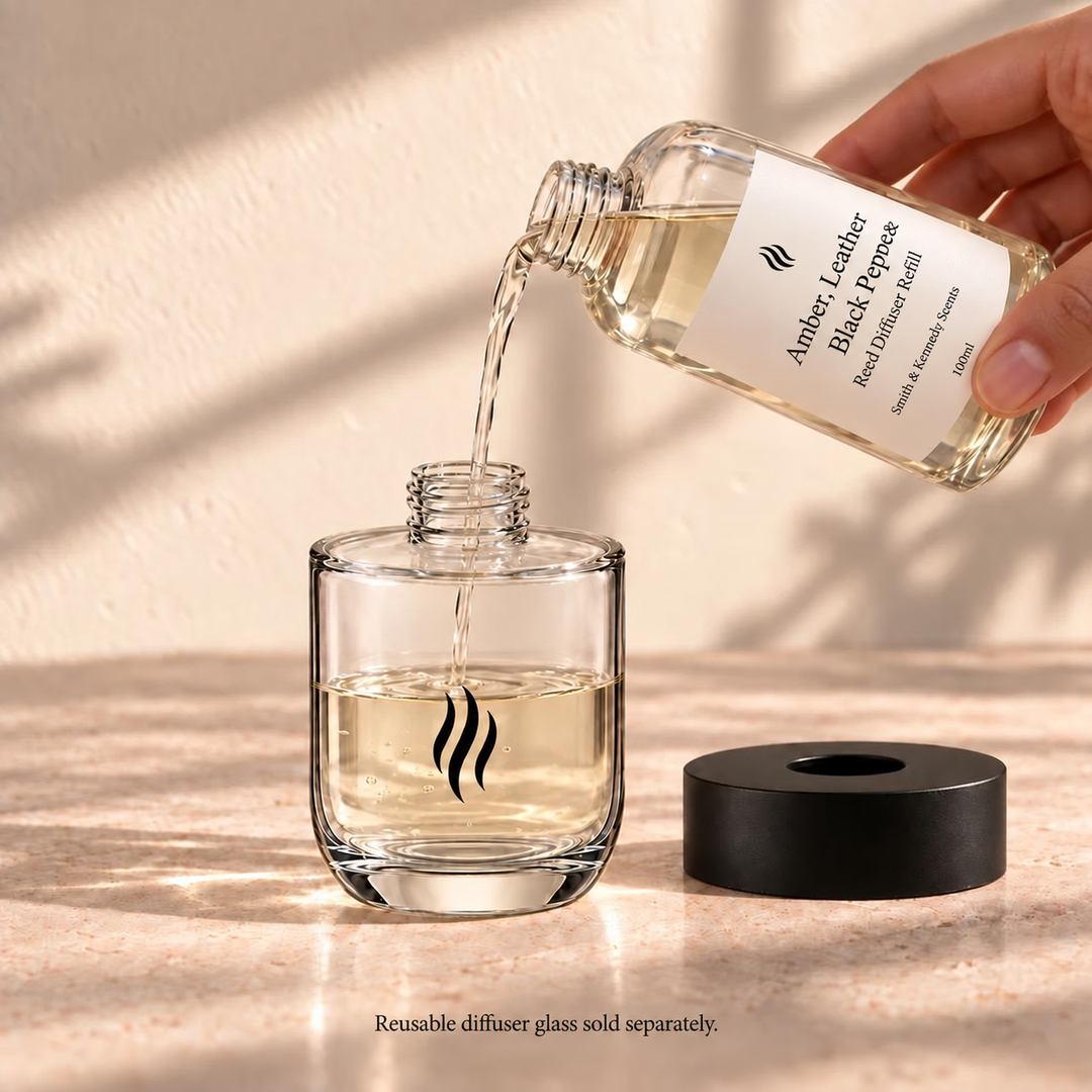 Amber, Leather &amp; Black Pepper reed diffuser refill poured into reusable SKS glass. Glass sold separately; refill includes seven fibre reeds.