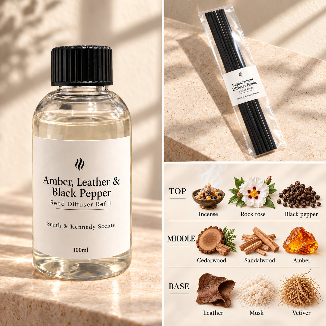 Amber, Leather &amp; Black Pepper 100ml reed diffuser refill bottle, included pack of 7 fibre reeds and fragrance notes