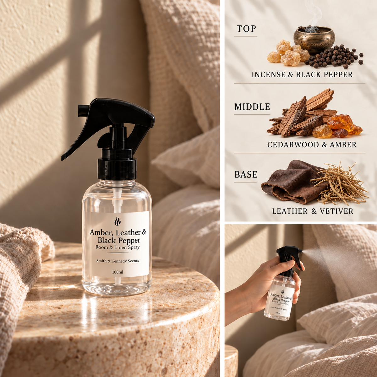 Amber, Leather & Black Pepper Room & Linen Spray with incense, cedarwood, amber, leather and vetiver notes