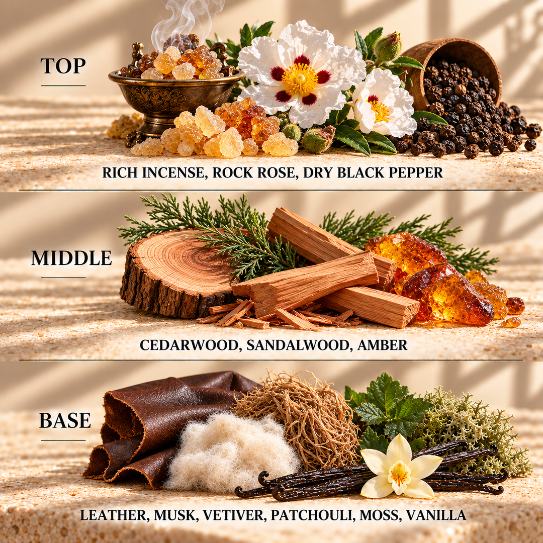 Top, middle and base scent notes for Amber, Leather &amp; Black Pepper woody inspired wax melt by Smith &amp; Kennedy Scents