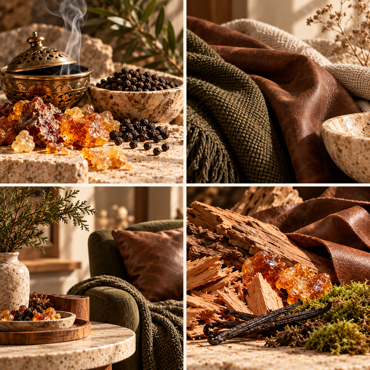 Amber, Leather & Black Pepper wax melt mood board with amber, brown leather, dark knitwear and black pepper.