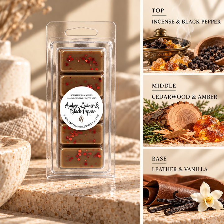 Amber, Leather &amp; Black Pepper woody inspired wax melt snap bar by Smith &amp; Kennedy Scents
