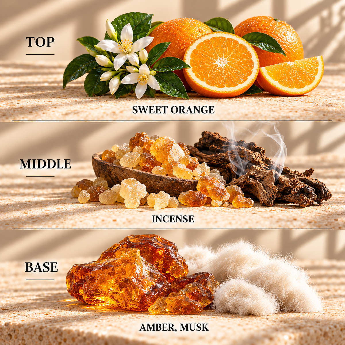 Top, middle and base scent notes for Amber & Sweet Orange woody inspired wax melt by Smith & Kennedy Scents
