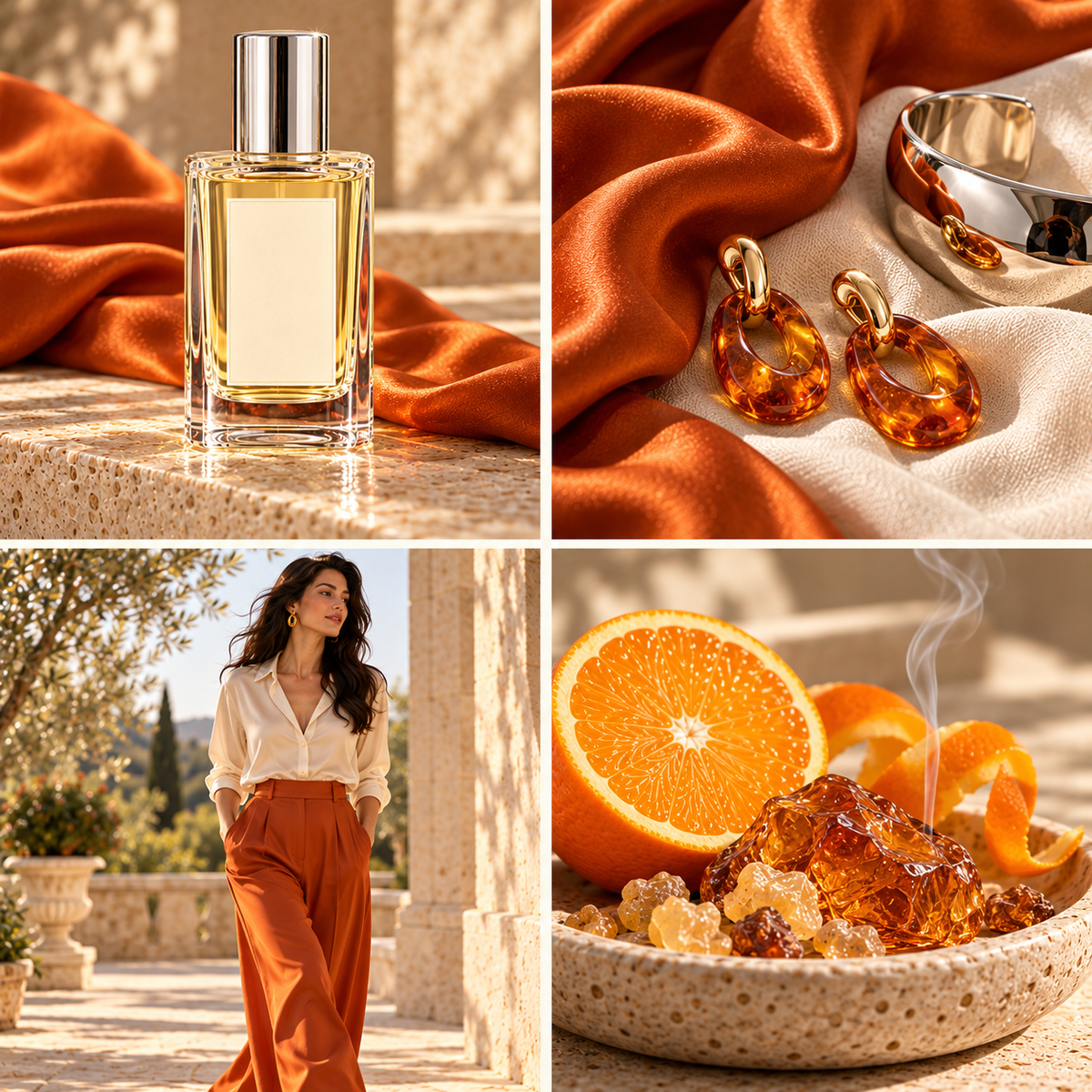 Amber & Sweet Orange wax melt mood board with an unbranded cologne bottle, orange silk, amber jewellery, relaxed fashion, sweet orange and incense resin by Smith & Kennedy Scents.