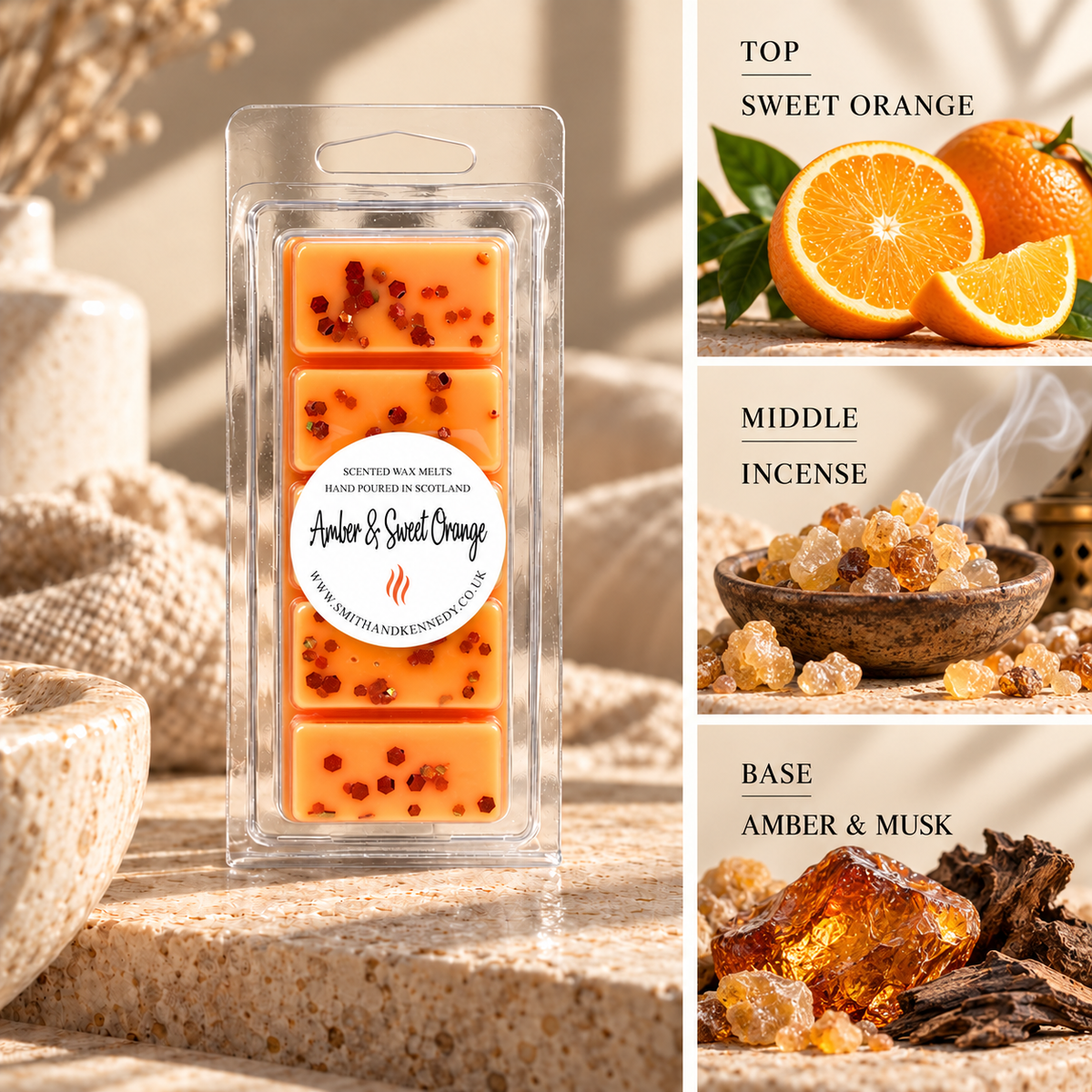Amber & Sweet Orange woody inspired wax melt snap bar by Smith & Kennedy Scents