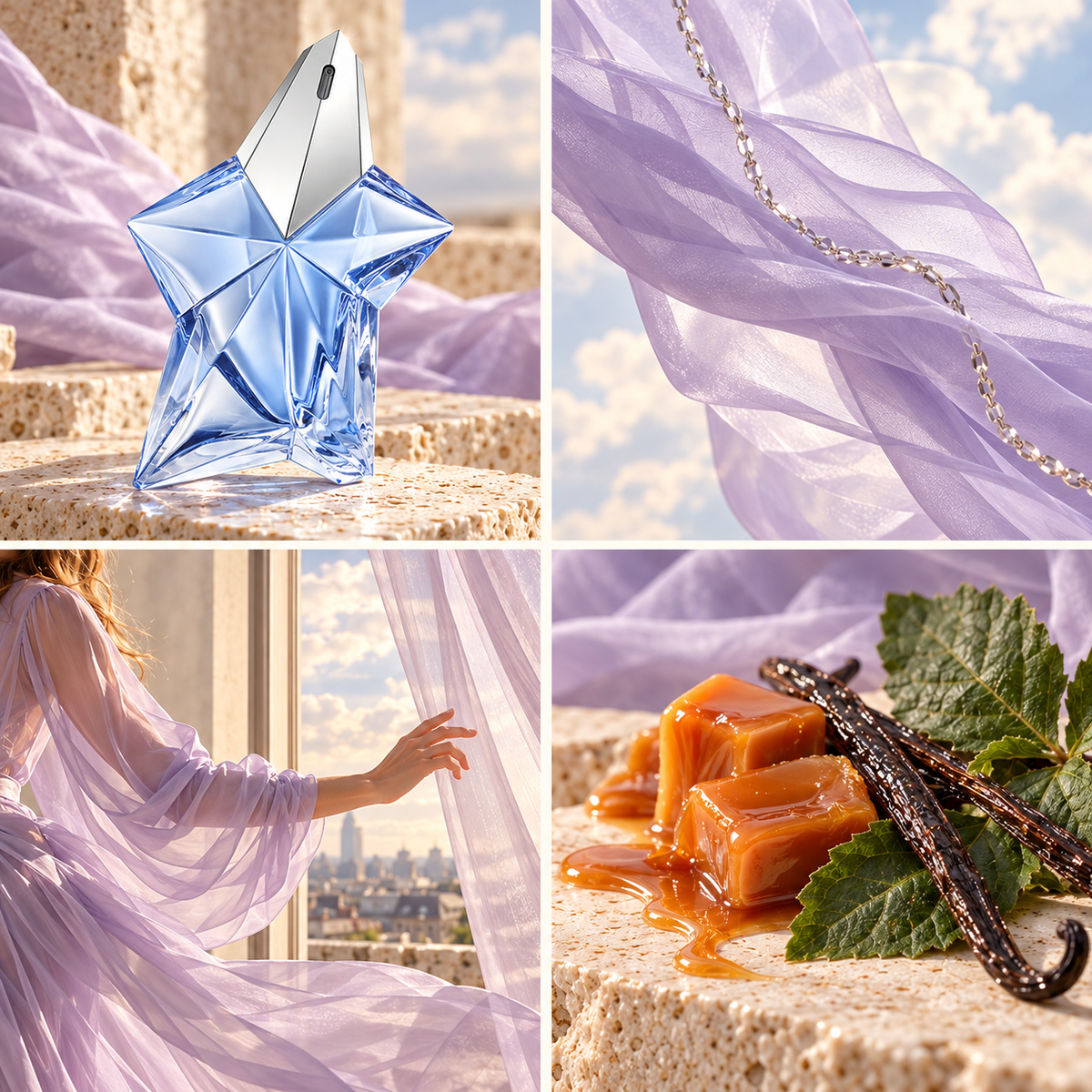 Four-panel mood board for Angel perfume-inspired wax melts: blue star bottle, lilac chiffon and clouds, airy fashion and caramel with vanilla.
