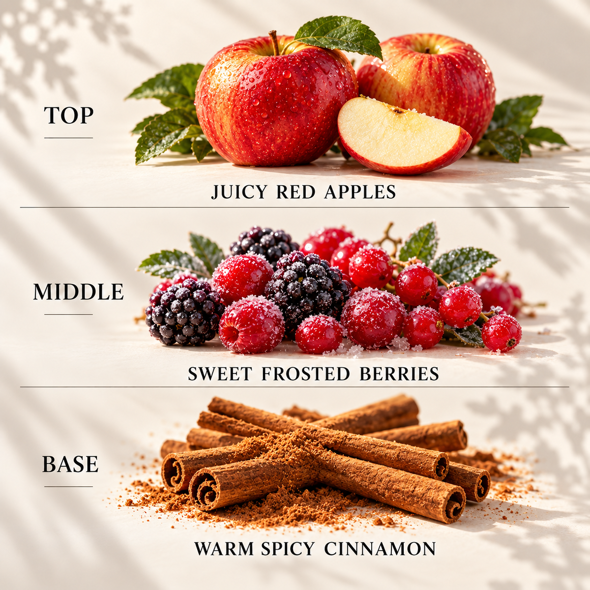 Top, middle and base scent notes for Apple Berry Spice autumn inspired wax melt by Smith & Kennedy Scents