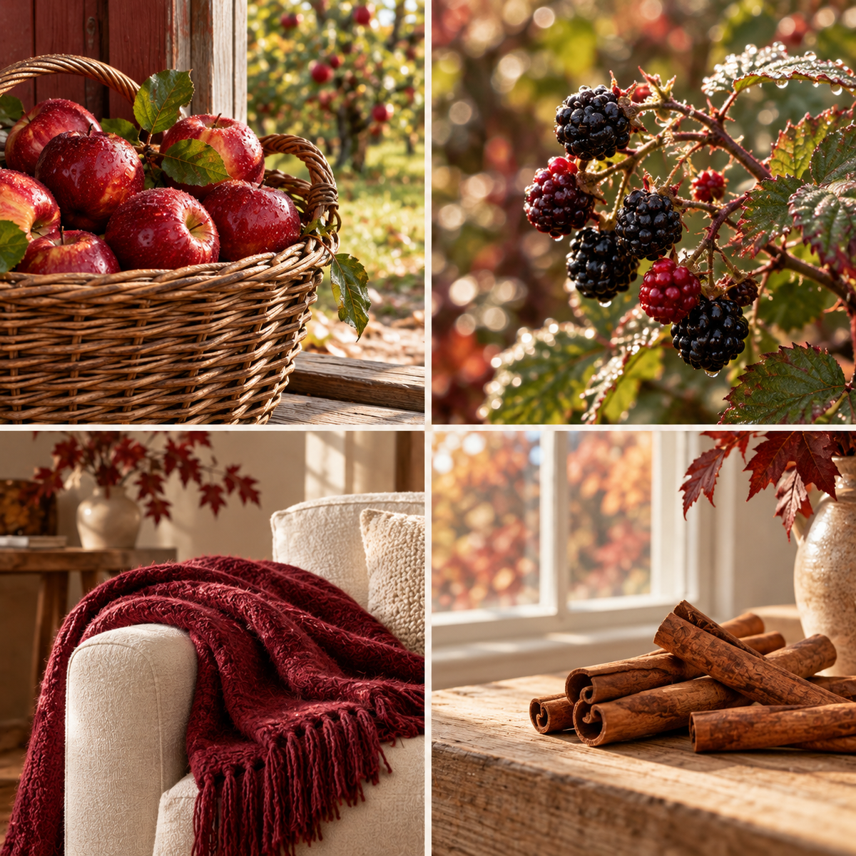 Four-panel mood board for Apple Berry Spice wax melts: red apples, dark berries, a burgundy scarf and cinnamon.
