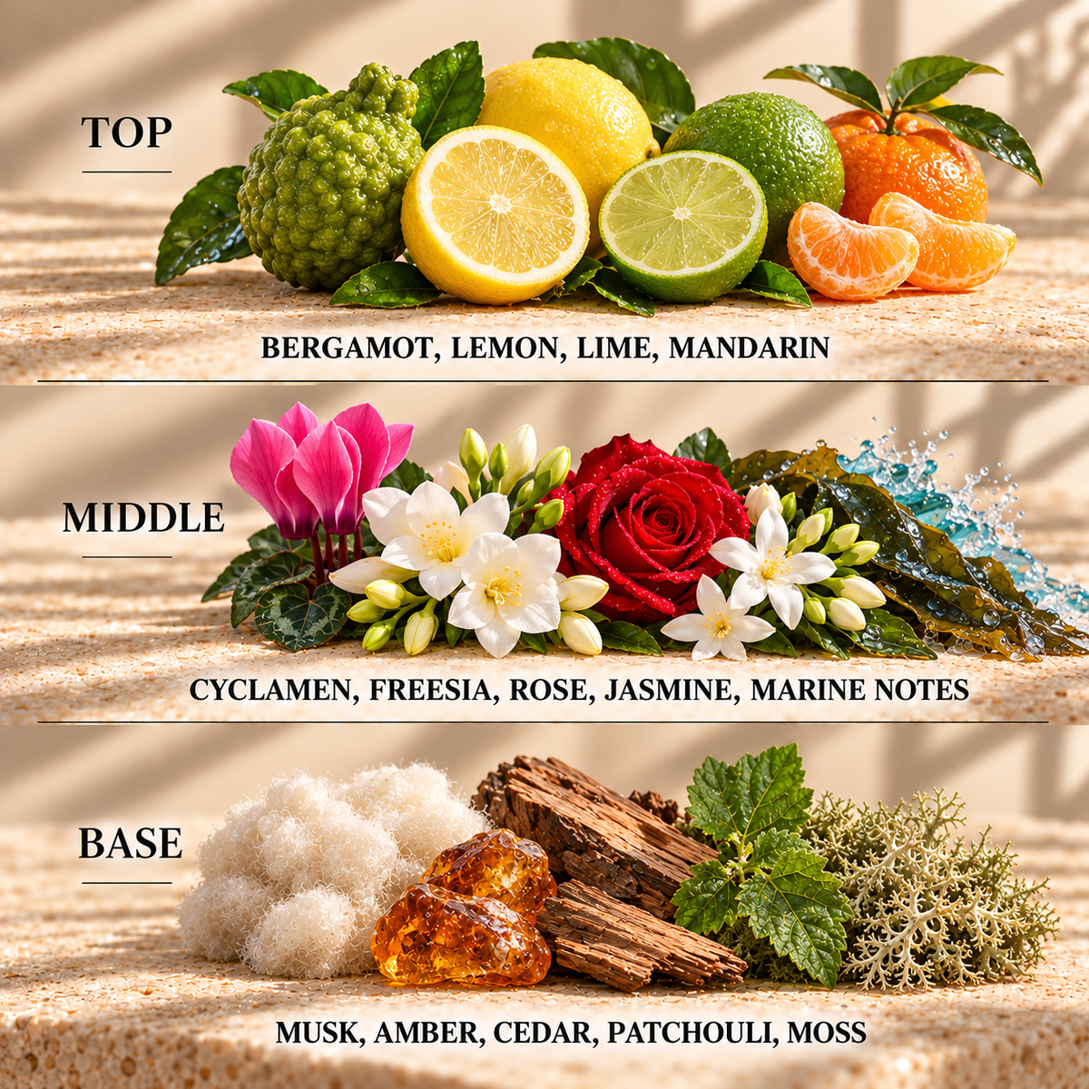 Top, middle and base scent notes for Aqua Minerals & Sea Kelp spa inspired wax melt by Smith & Kennedy Scents