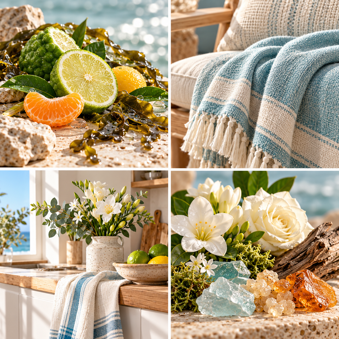 Aqua Minerals &amp; Sea Kelp wax melt mood board with citrus, sea kelp, blue woven fabric and a bright coastal kitchen.