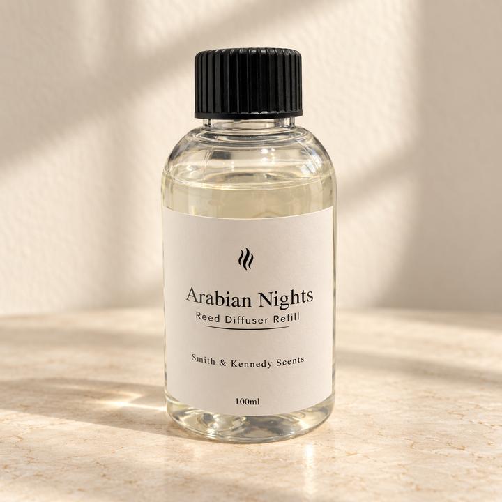 Arabian Nights 100ml reed diffuser refill bottle with black screw cap and portrait label