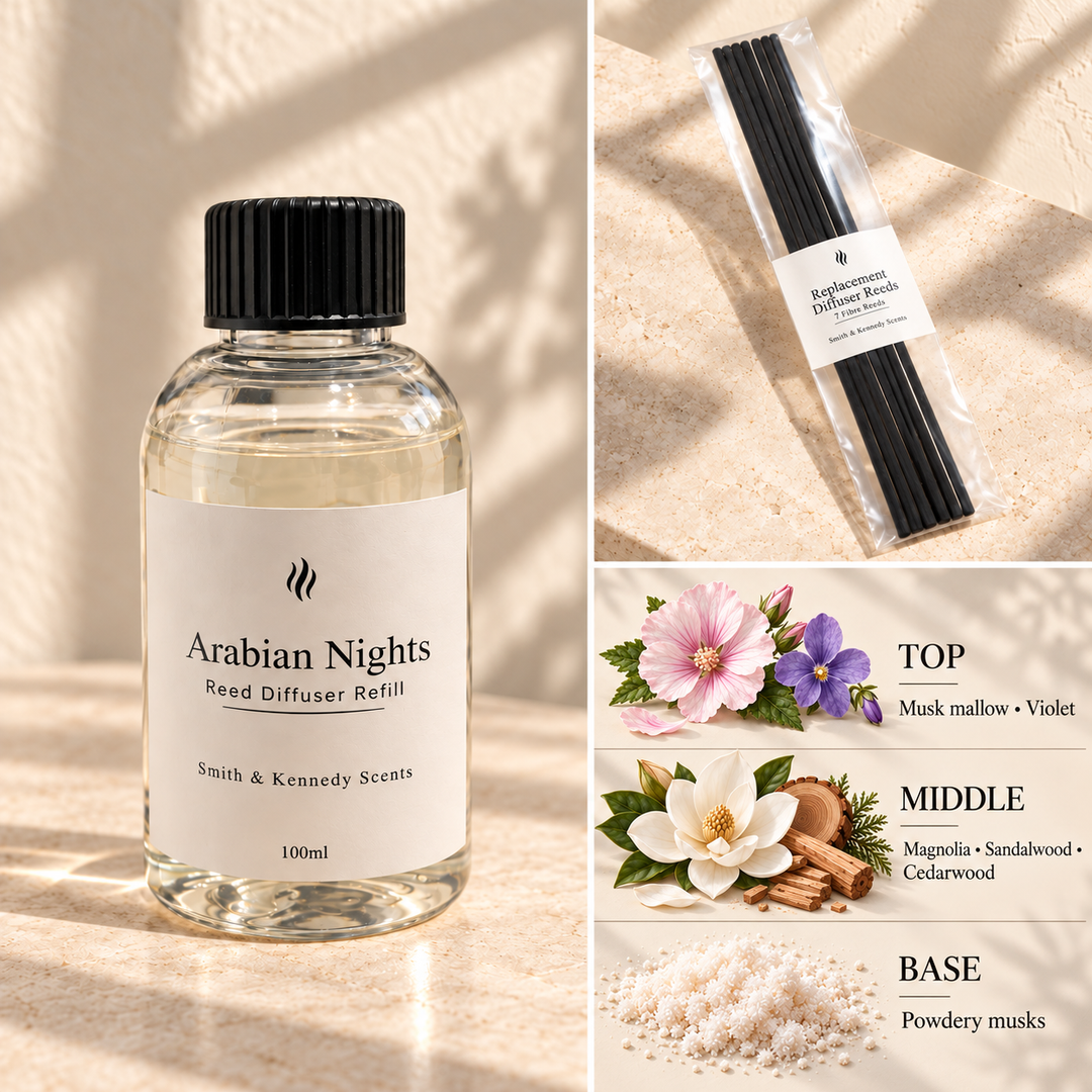 Arabian Nights 100ml reed diffuser refill bottle, included pack of 7 fibre reeds and fragrance notes
