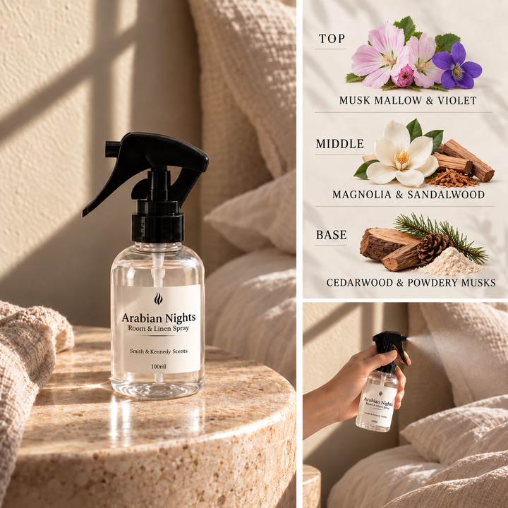Arabian Nights Room &amp; Linen Spray with musk mallow, violet, magnolia, sandalwood, cedarwood and powdery musk notes