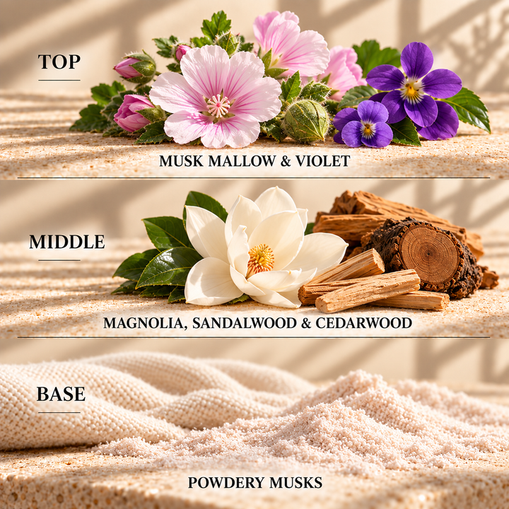 Top, middle and base scent notes for Arabian Nights perfume inspired wax melt by Smith &amp; Kennedy Scents