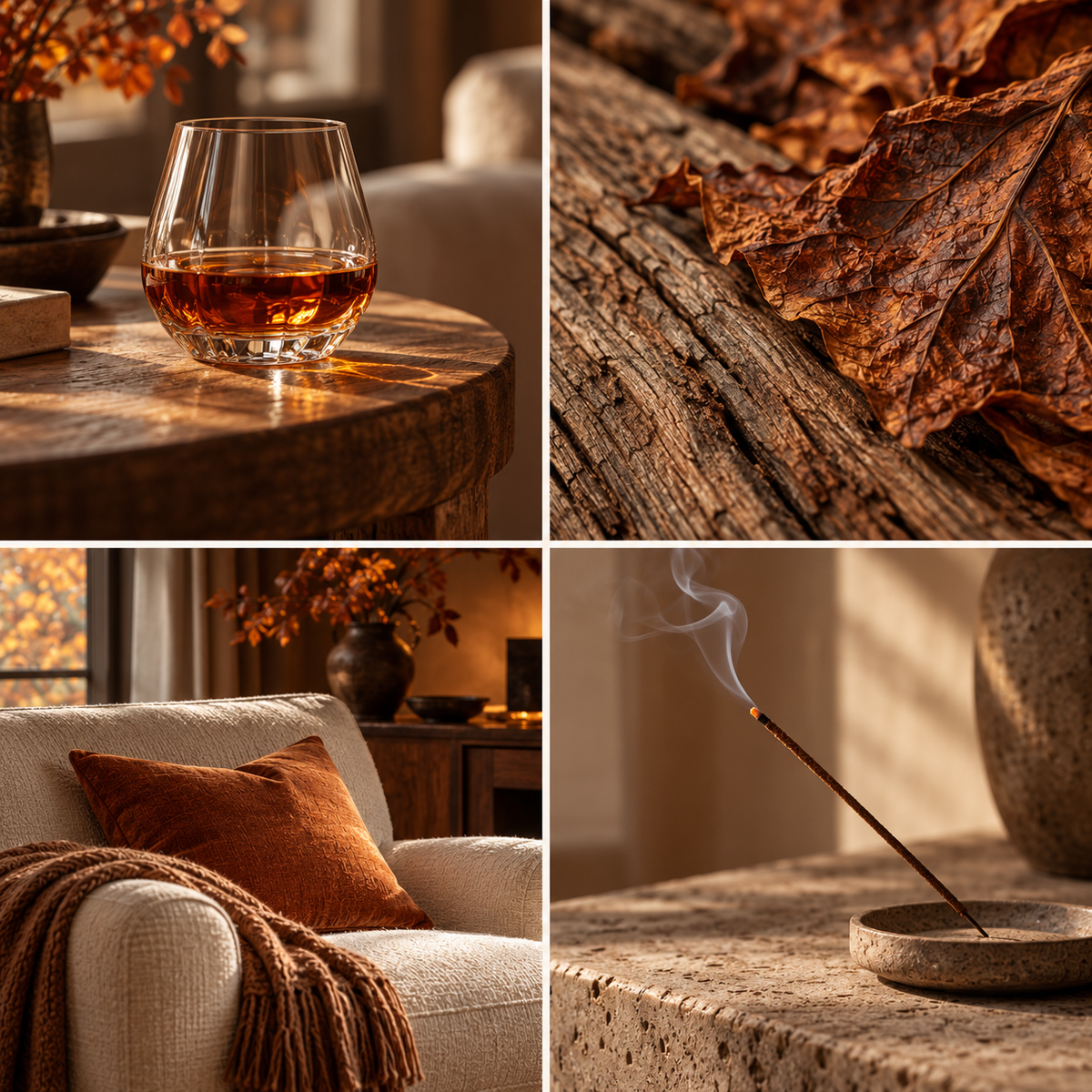 Four-panel mood board for Autumn After Dark wax melts: cognac, oak and tobacco leaf, a warm armchair and gently smoking incense.