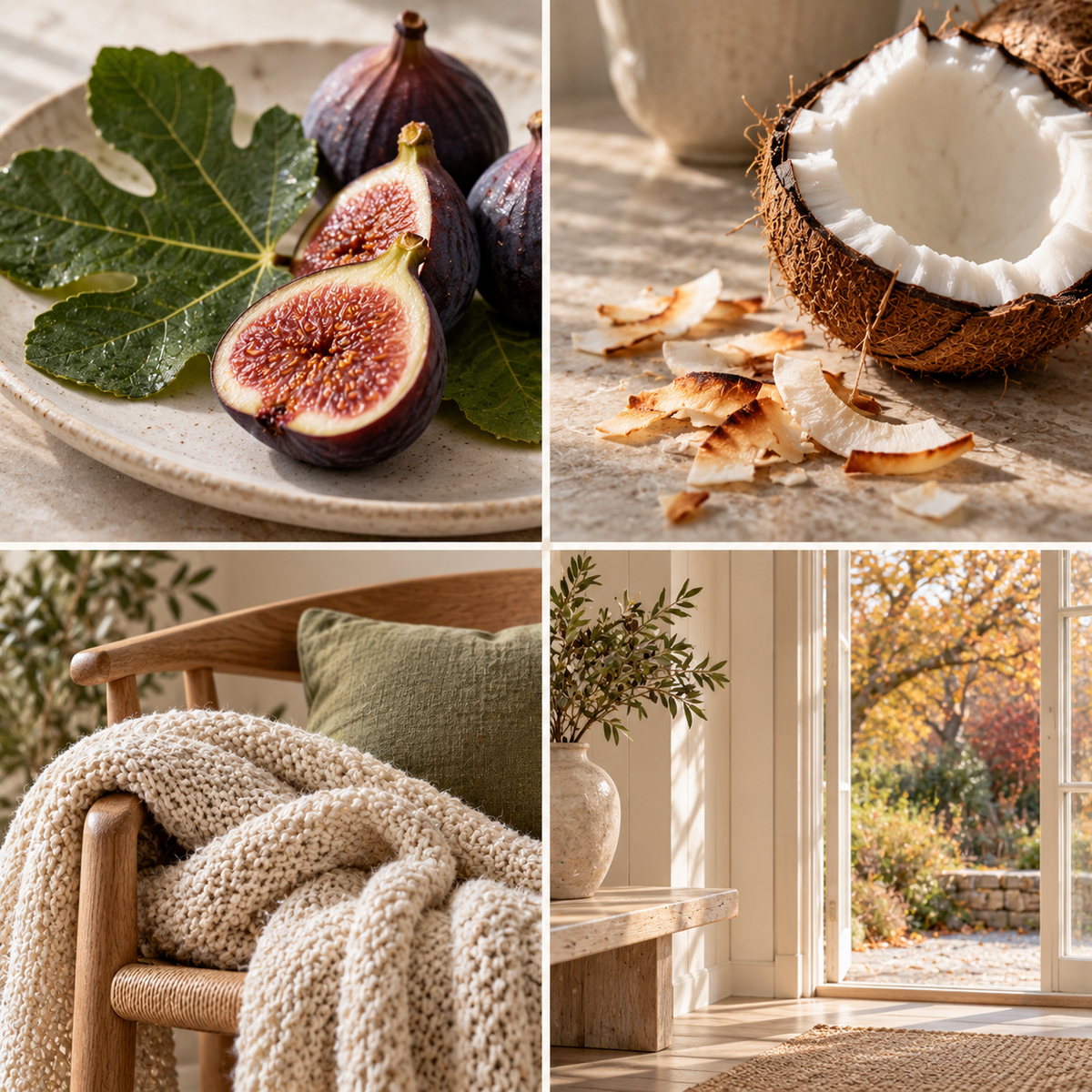 Four-panel mood board for Autumn Fig & Toasted Coconut wax melts: figs and leaves, toasted coconut, soft knitwear and an airy autumn room.