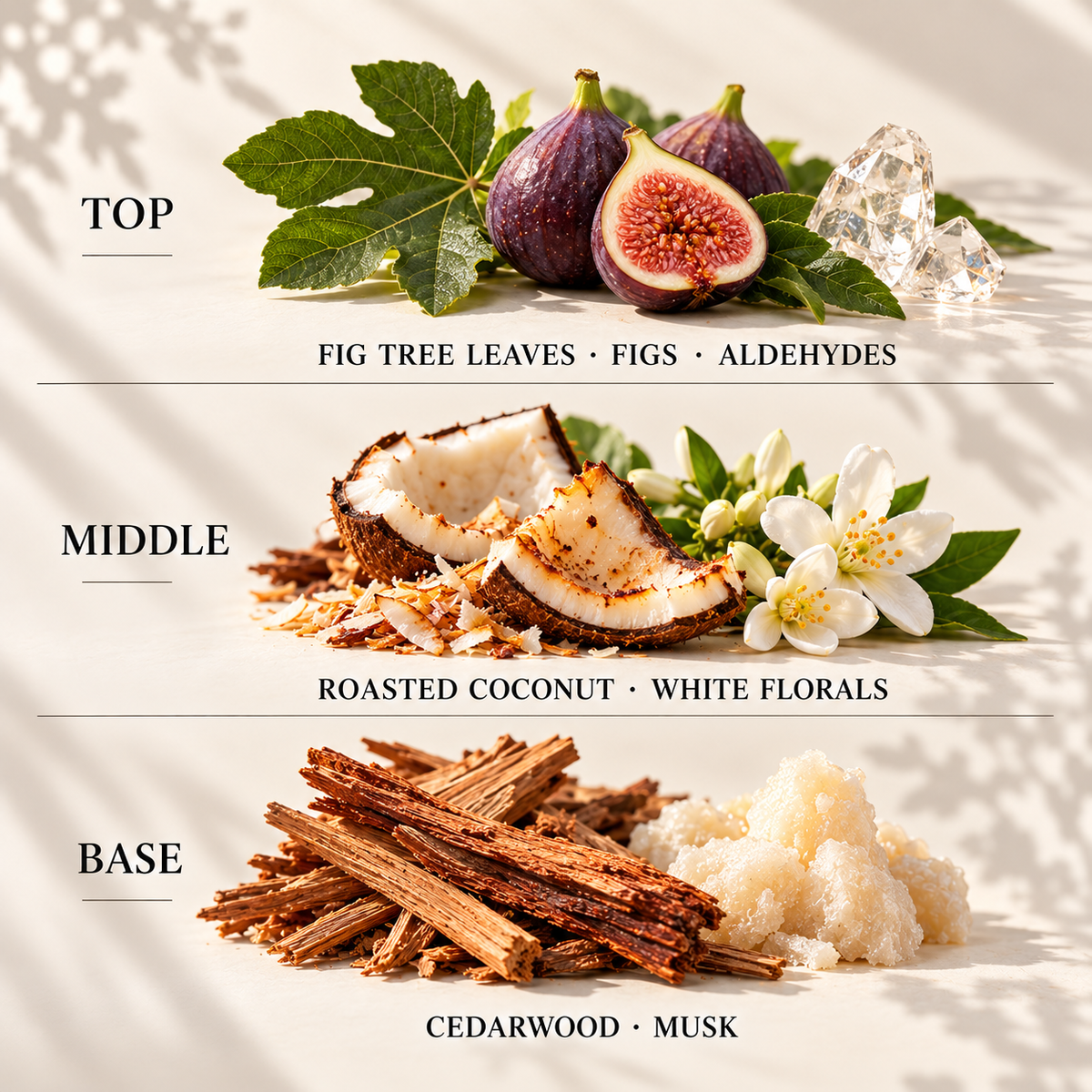 Top, middle and base scent notes for Autumn Fig & Toasted Coconut autumn inspired wax melt by Smith & Kennedy Scents