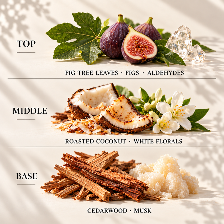Top, middle and base scent notes for Autumn Fig &amp; Toasted Coconut autumn inspired wax melt by Smith &amp; Kennedy Scents