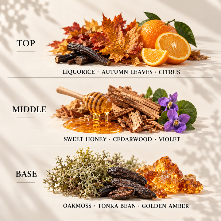 Top, middle and base scent notes for Autumn Leaves autumn inspired wax melt by Smith &amp; Kennedy Scents