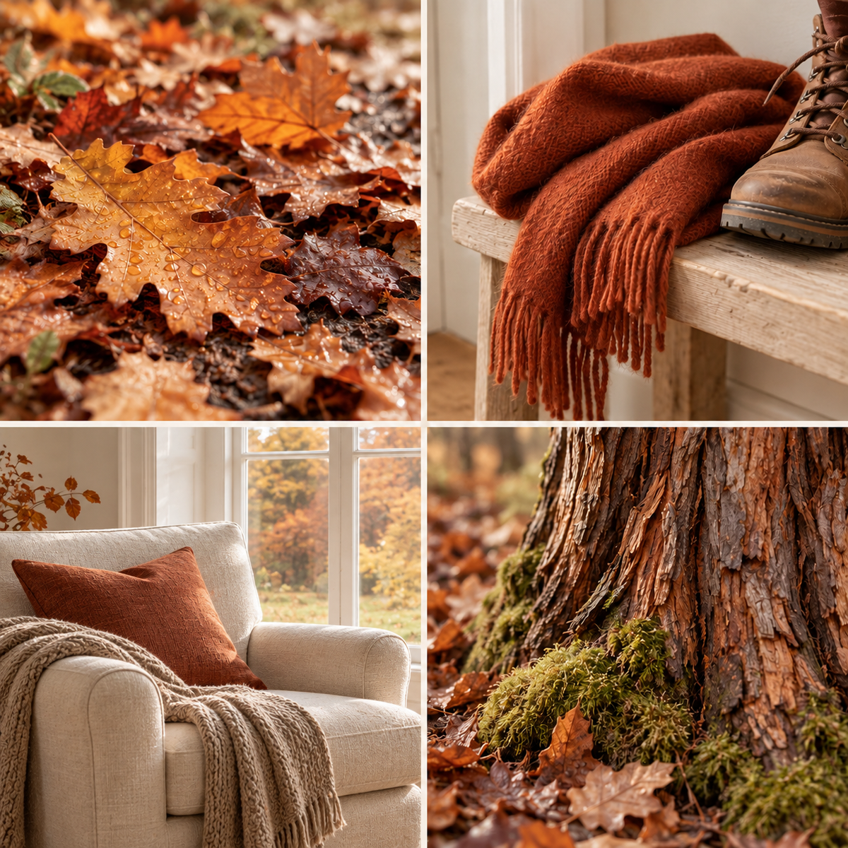 Four-panel mood board for Autumn Leaves wax melts: fallen orange leaves, a rust scarf, a cosy armchair and mossy woodland.