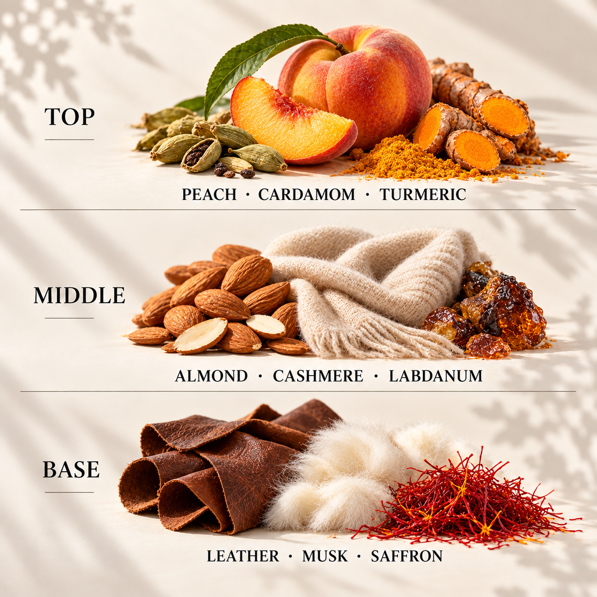 Top, middle and base scent notes for Autumn Peach & Cashmere autumn inspired wax melt by Smith & Kennedy Scents