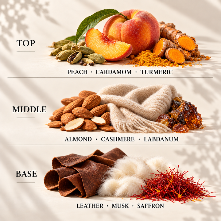 Top, middle and base scent notes for Autumn Peach &amp; Cashmere autumn inspired wax melt by Smith &amp; Kennedy Scents