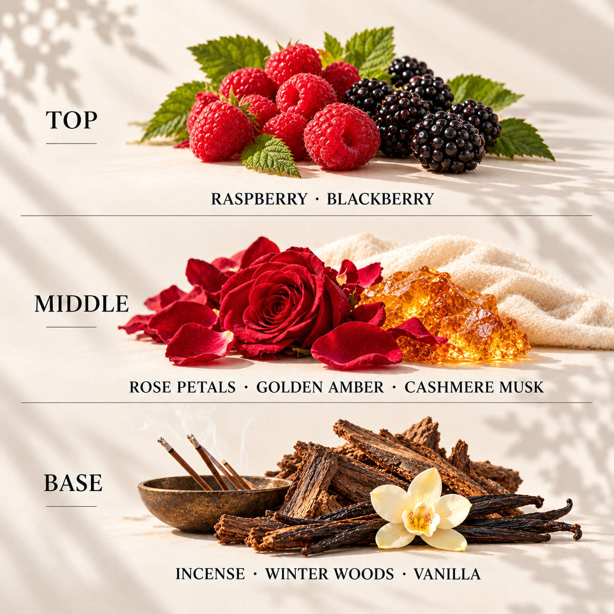 Top, middle and base scent notes for Autumn Raspberry & Amber Rose autumn inspired wax melt by Smith & Kennedy Scents