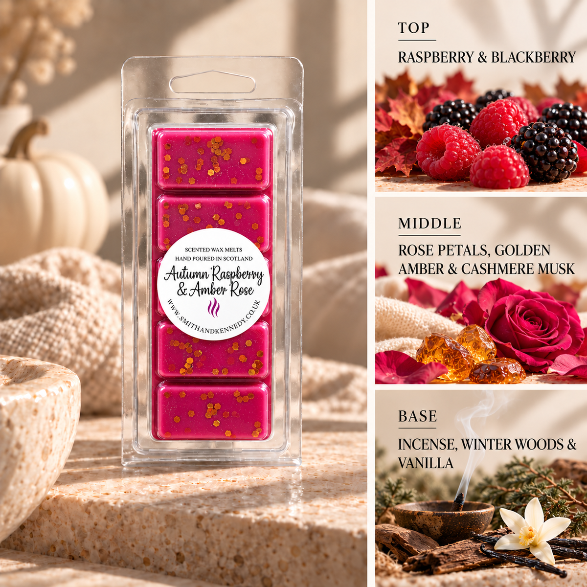 Autumn Raspberry & Amber Rose autumn inspired wax melt snap bar by Smith & Kennedy Scents