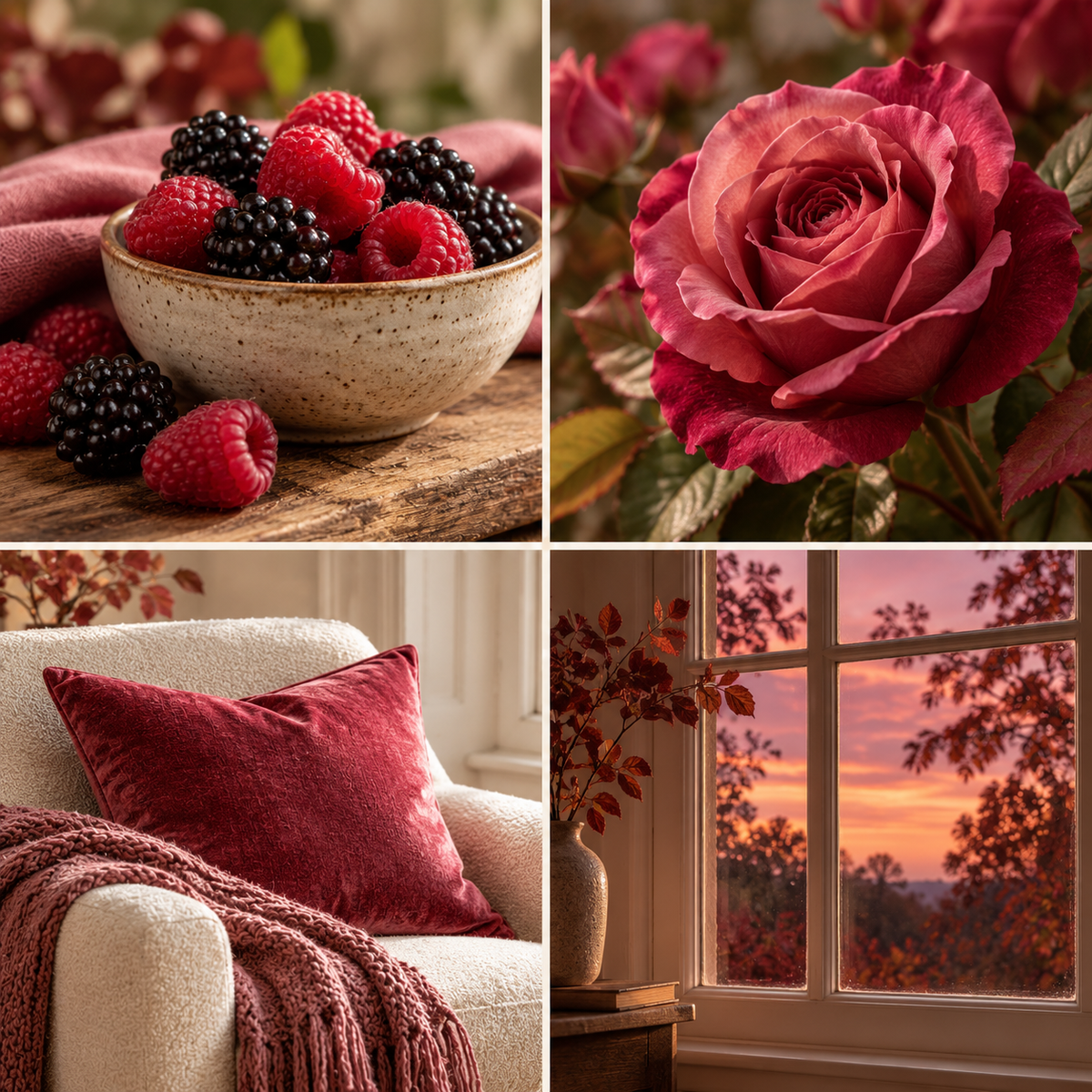 Four-panel mood board for Autumn Raspberry & Amber Rose wax melts: raspberries and blackberries, a rose, berry velvet and an autumn sunset.