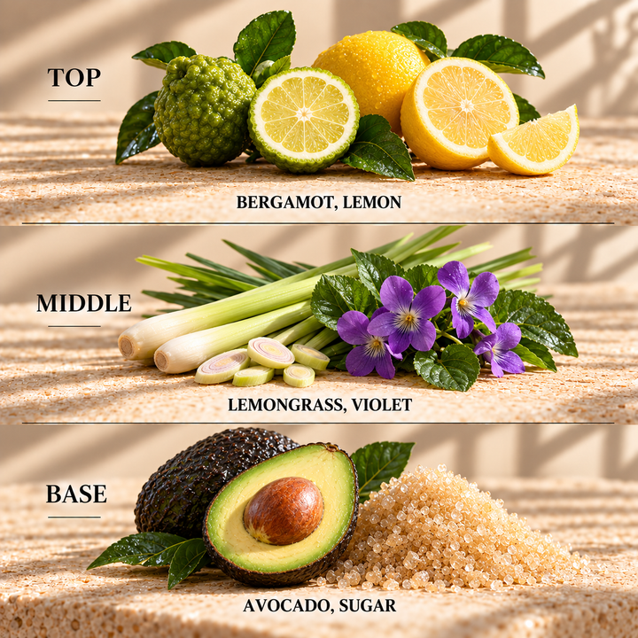 Top, middle and base scent notes for Avobath citrus and herbal scented wax melt by Smith &amp; Kennedy Scents