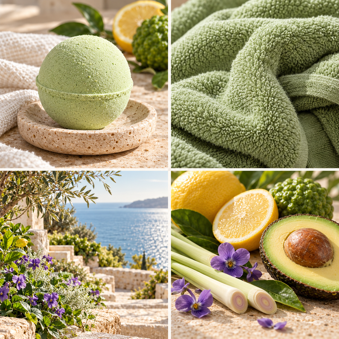 Avobath Scented wax melt mood board with a pale green bath bomb, citrus and fresh spa details.